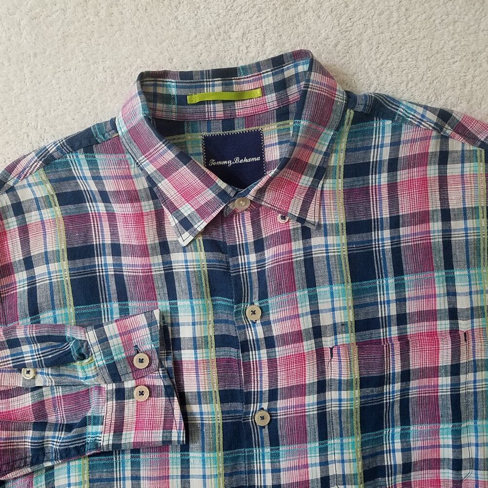 Tommy Bahama Men's Size Medium 100% Linen Plaid Button Front Long‎ Sleeve Shirt
